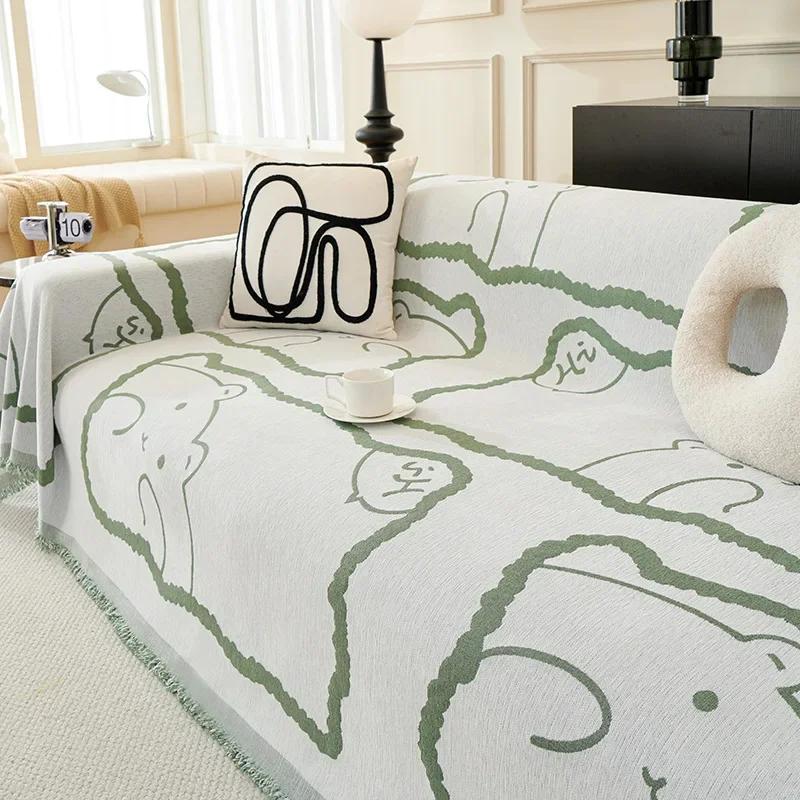 Sofa Cushion With Tassel Cover Cloth Towel Anti Slip Dustproof Integrated Anti Slip Cartoon Cute Bear Comfortable Home Item