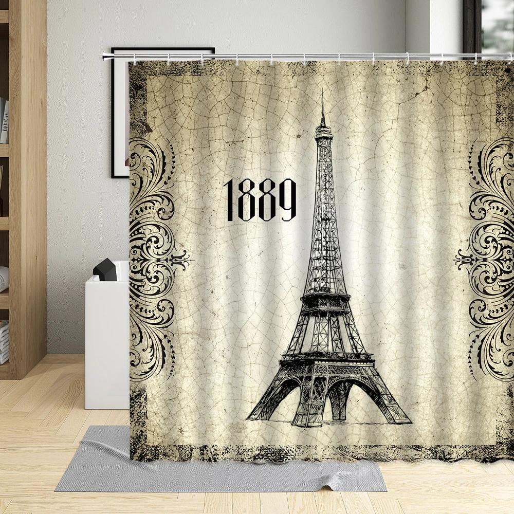 Retro Paris Tower Flower Oil Painting Shower Curtain Elegant Fabric Waterproof Bathroom Decor Screens Bath Curtains With 12 Hook