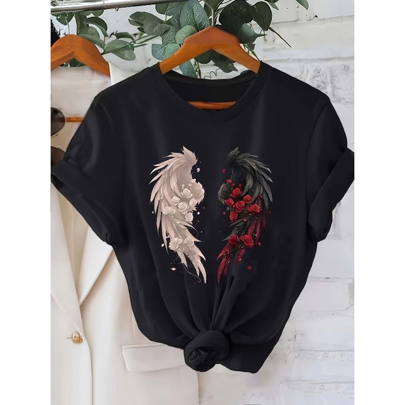 

Womens Plus Size Wing Rose Graphic T Shirt Casual Crew Neck Short Sleeve Stretchy Fabric Black Floral Design Spring Summer Fall Top 4XL
