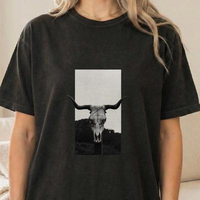 Cow Skull T Shirt Western Gothic Longhorn Ranch Style Vintage Washed Stylish Unisex Stretched Fashion Casual Versatile