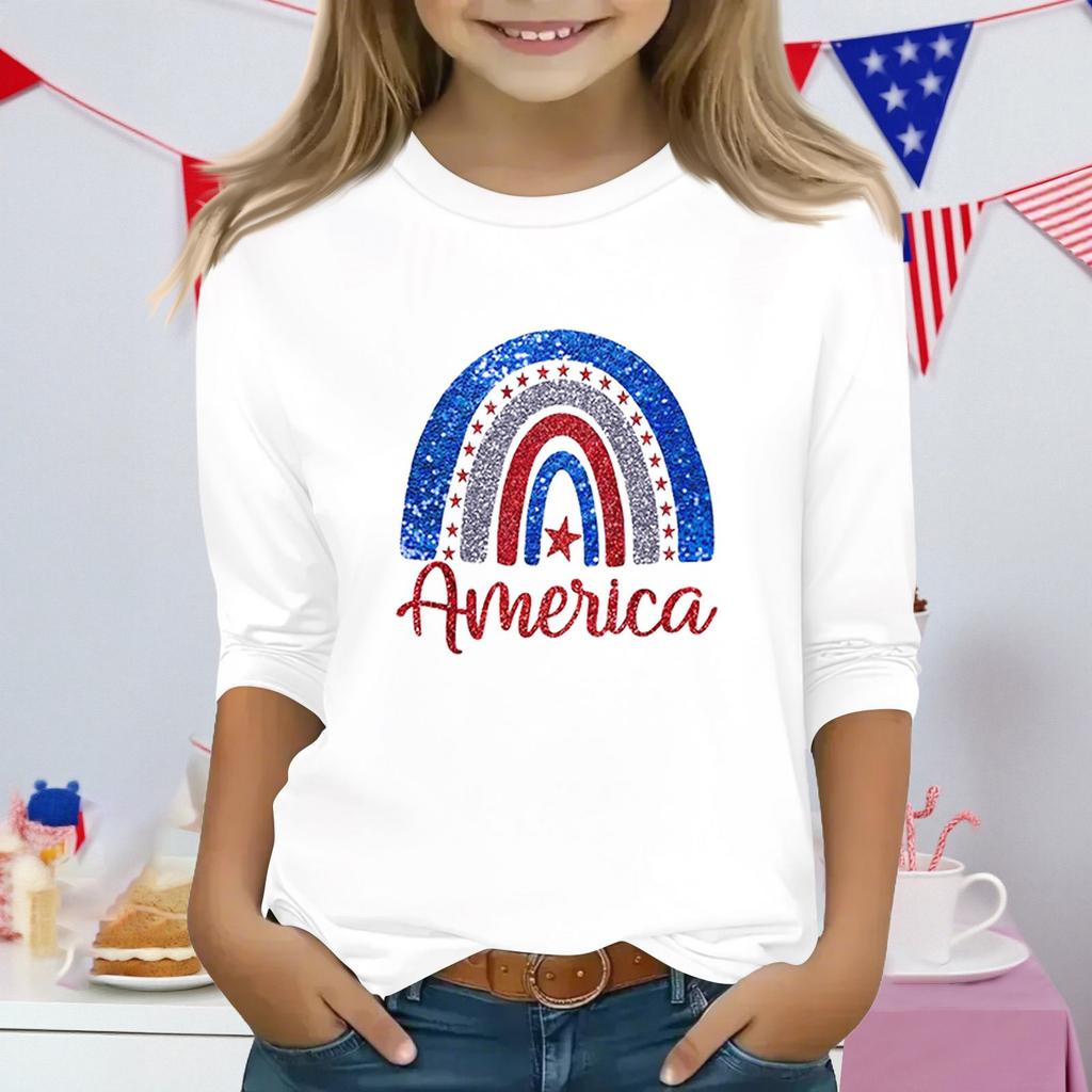 Druckoberteile für junge Mädchen 3-10 Jahre Rundhals 3/4-Ärmel T-Shirts Trendige Oberteile Outfit T-Shirts