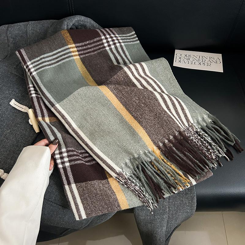 High-end niche striped plaid warm scarf autumn and winter couple fashion trend imitation cashmere fringed shawl