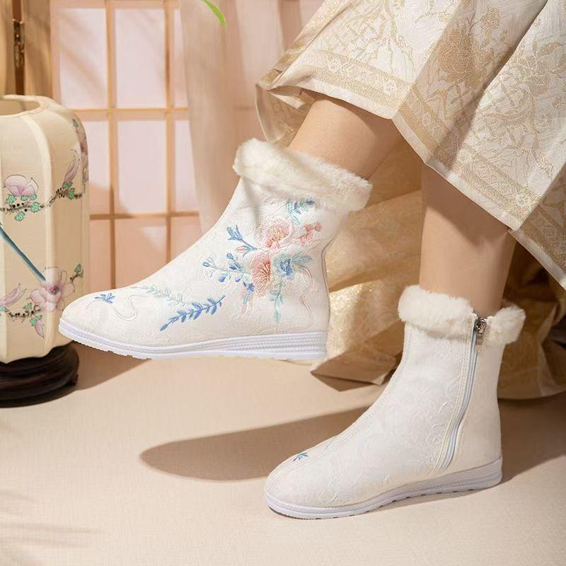 Winter Women's Flat Sole High Top Embroidered Cotton Boots Soft Sole Non Slip Plush Warm Ethnic Style Zippers Hanfu Boots