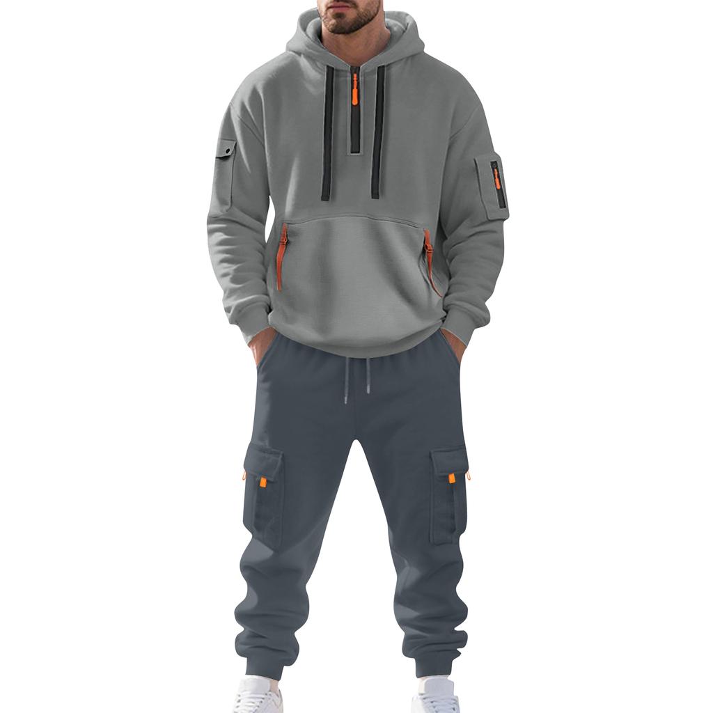 Men's Solid Color Casual Suit Loose Sports Hooded Sweatshirt With Pockets Multi Pocket Overalls Suit