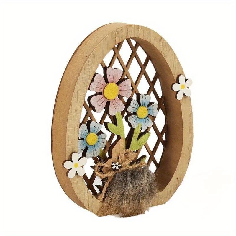Trä Påskhare Ägg Ornament Kanin Hålsågning Blommor Hantverk Trä Kyckling för påskägg Skrivbord Hemdekoration Gåva