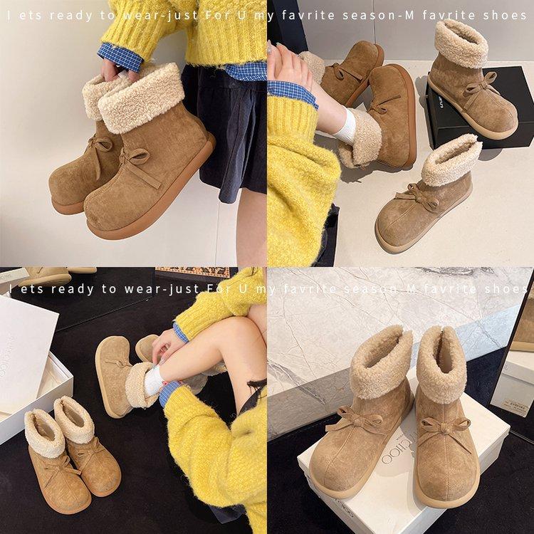 Version peau de vache~ polaire intégrée fourrure laine chaude coton bottes femmes rétro vent bottines nœud antidérapantes bottes de neige