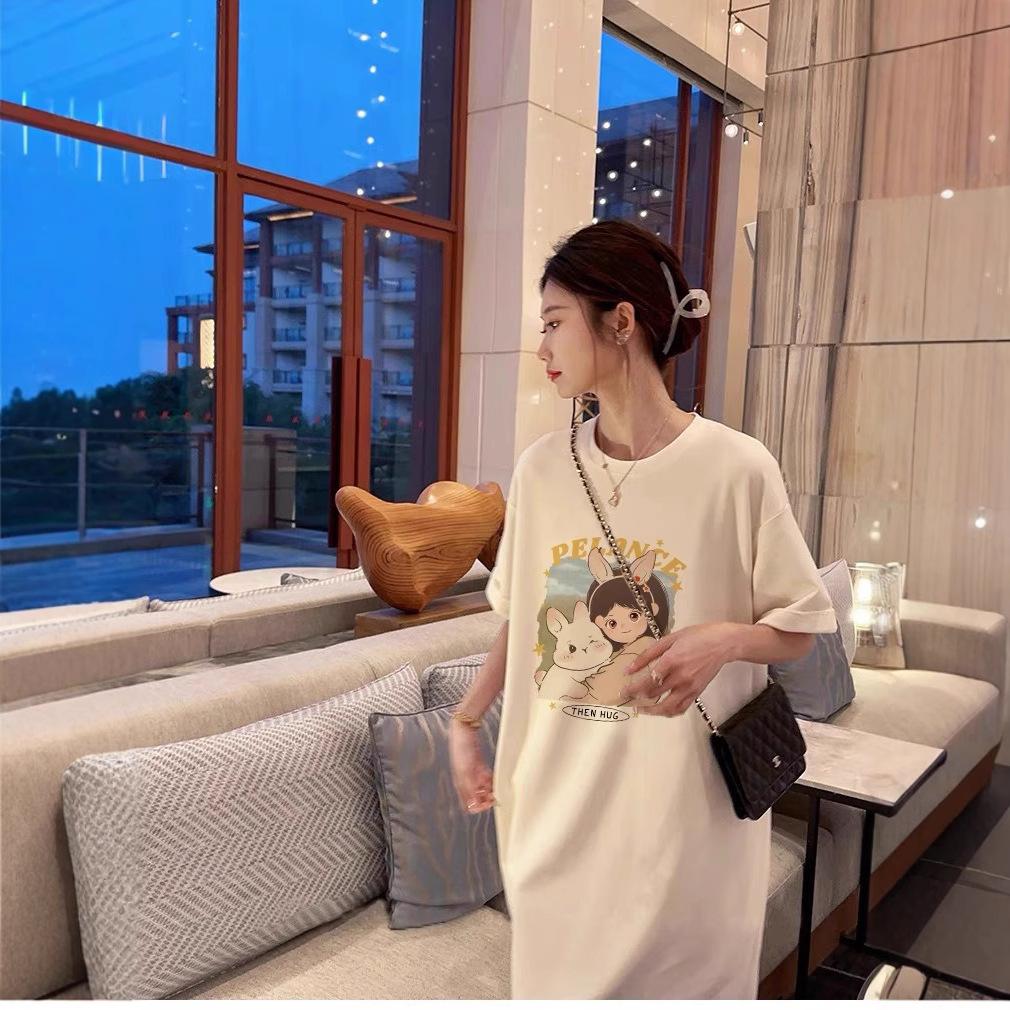 New Summer Short-sleeved Dress, Korean Casual and Laid-back Style T-shirt Dress, Loose Large-sized Over-the-knee Long Dress