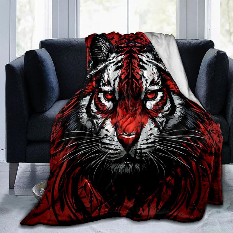1pc Red and Black Tiger Blanket  Cute Cartoon Throw for Home Decor, Gift Idea, Living Room, Travel, Camping, Car Blankets