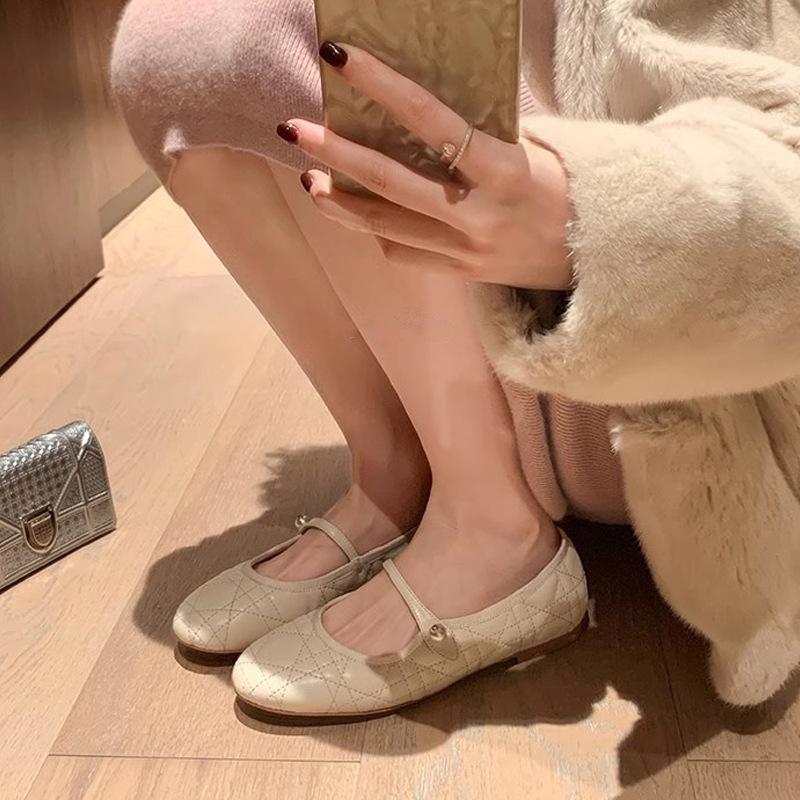 Missy~ Temperament Soft Leather Rhombus Pearl Buckle with Flat Sole Shoes Women's Mary Jane Shoes