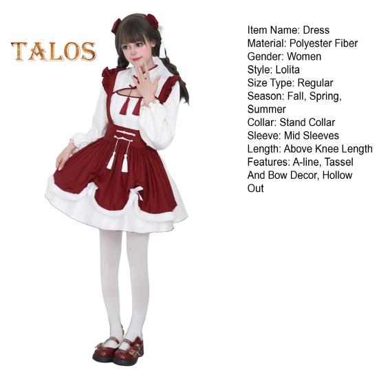 Cosplay Dress Lolita Maid Style Role Play Dress Hollow Out Shirring Contrast Color Tassel Bow Decor Pleated A-line Mini Dress New Year Party Costume