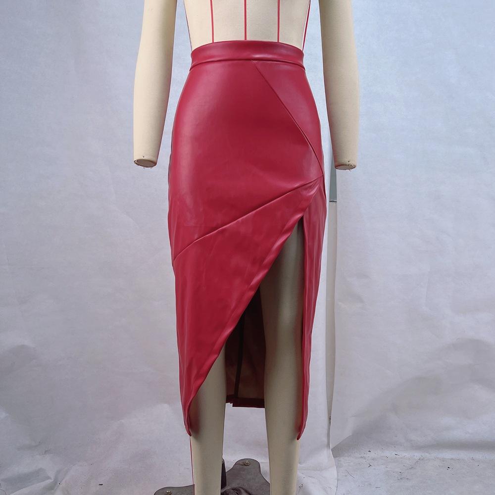 Women's Winter New High-waisted Slim Slit Skirt Irregular Leather Skirt
