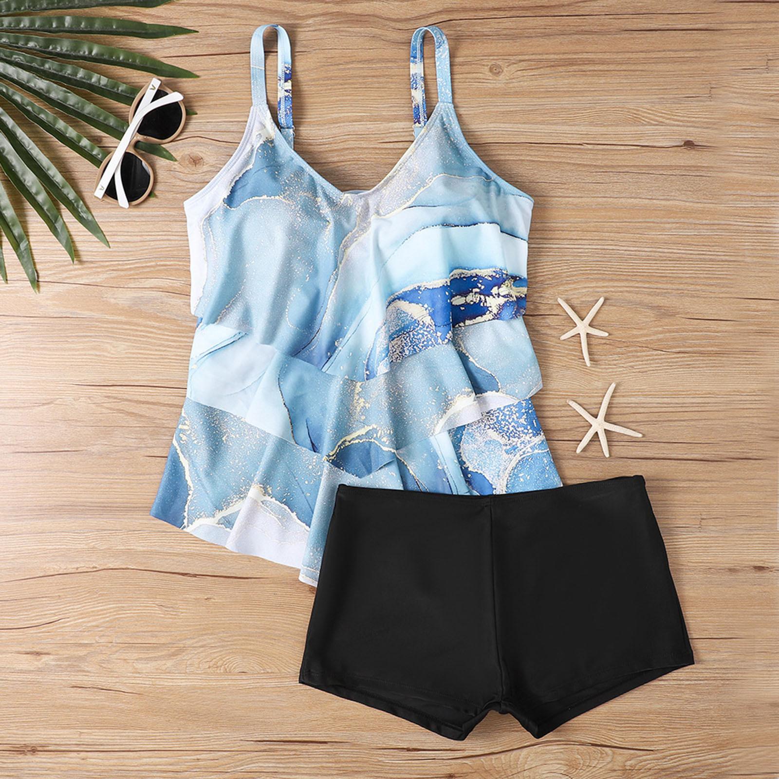 

Girls Two-Piece Ruffle Tankini Set and Blue Swimwear with Adjustable Straps, Quick-Dry Fabric L синий