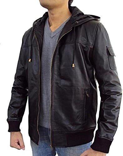 Hoodie Stylish Festive Black Handmade Men Halloween Lambskin Leather Motorcycle Jacket