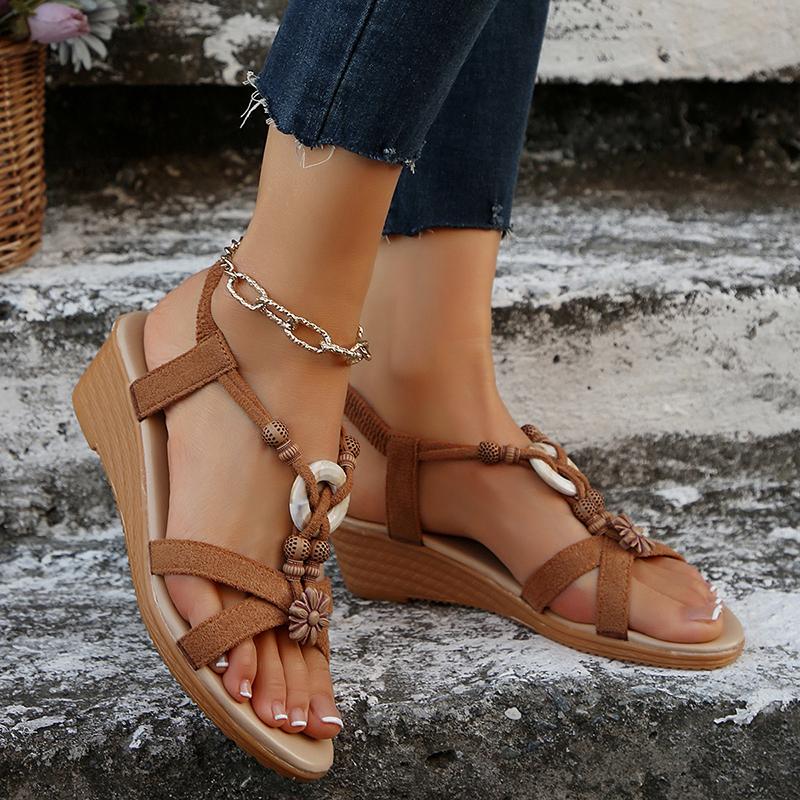 Fashion Bohemian Style Womens Wedge Sandals Summer 2025 Comfort Non Slip Beach Shoes Woman Plus Size Beads Decor Outdoor Sandalias Mujer