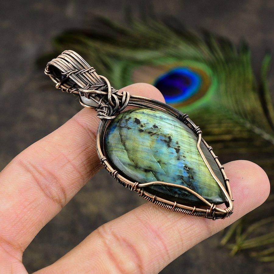 Natürlicher Labradorit, Mondstein Edelstein Kupferdraht Wickelanhänger 2,68" D0D56