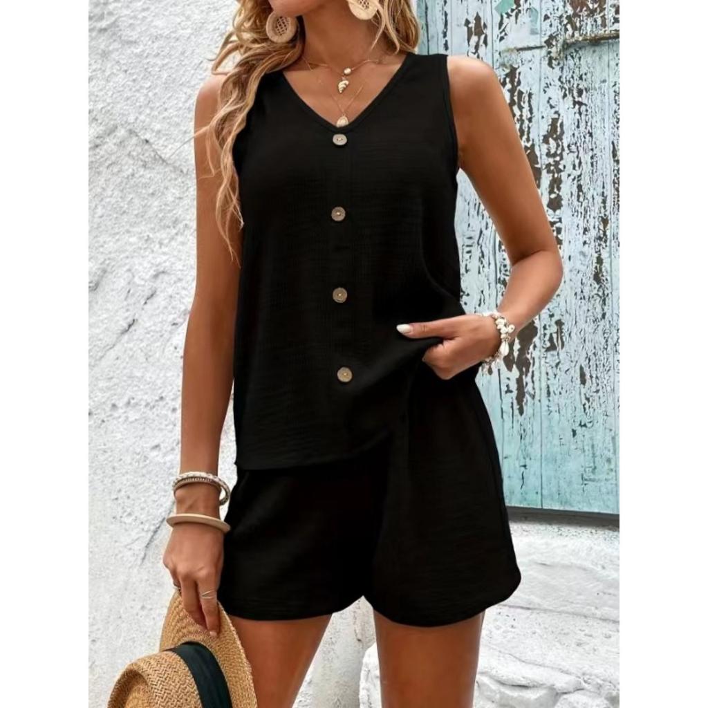 Dvoudílný set, Mírně pružná látka Top s výstřihem do V s detaily falešných knoflíků, Top bez rukávů a šortky, Ležérní dovolená.