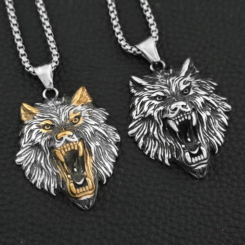 Punk Viking Wolf Head Pendant Necklace Gold Color Stainless Steel Odin Wolf Necklace Norse Mythology Jewelry Gifts Accessories