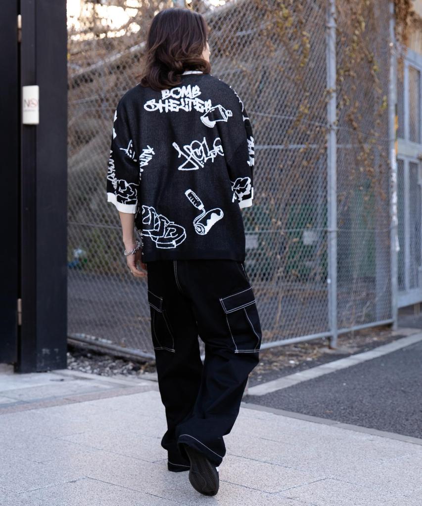 WEGO Jacquard Graphic Knit Short Sleeve Loose Size Black Men's T-Shirt, Patterned, Oversized, Fit, Streetwear, Spring/Summer, Gift, Present,