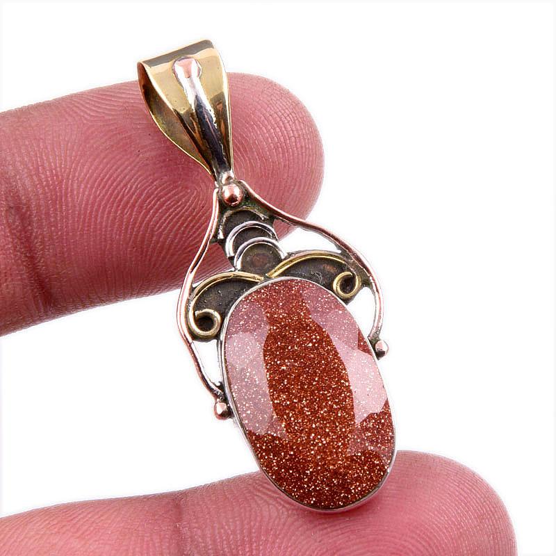

Natural Sunstone Gemstone 925 Solid Sterling Silver Two Tone Pendant 1.75 W6n05