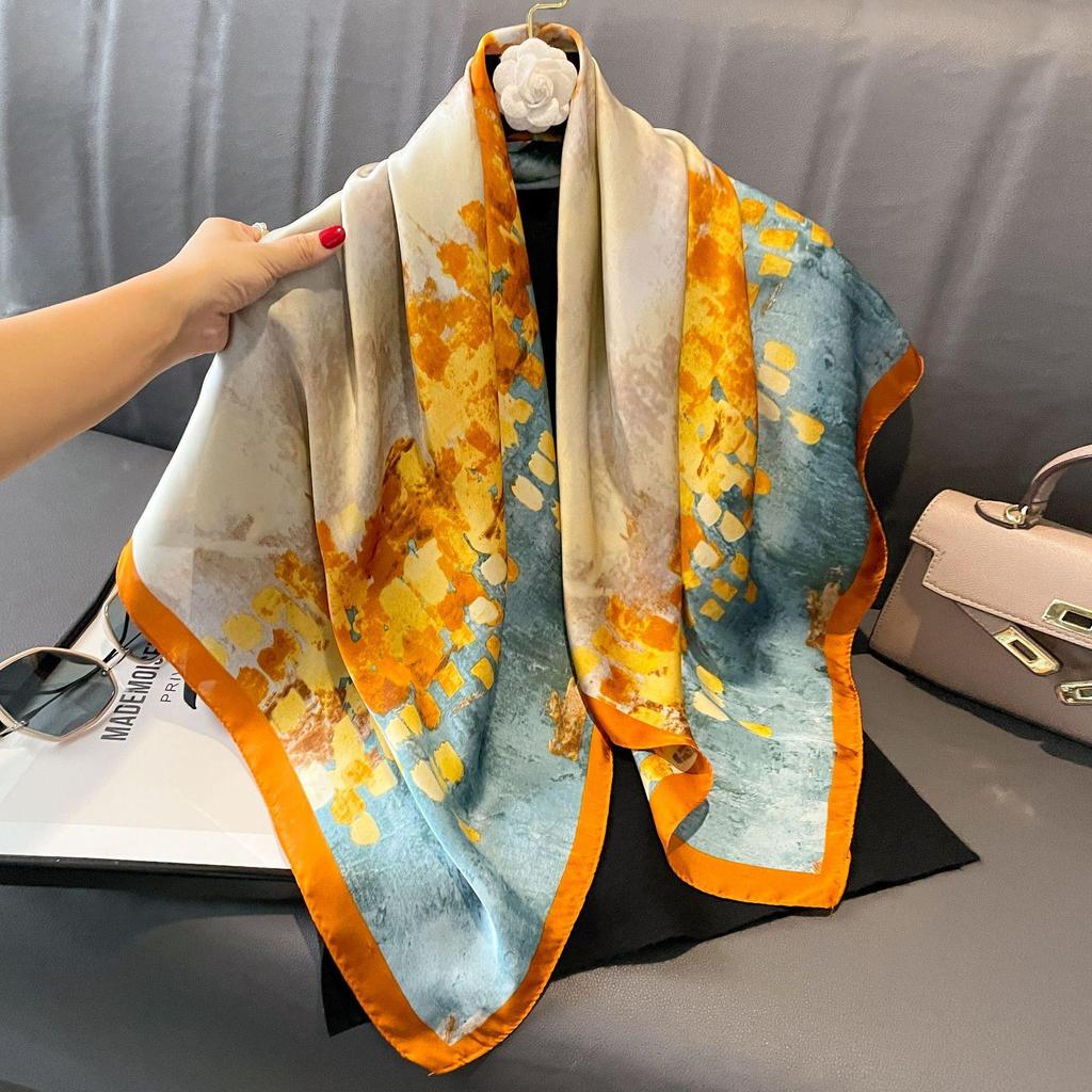 Women's Retro Fashion Mulberry Silk Feel Square Scarf - Summer Faux Satin, Sun Protection, 90cm