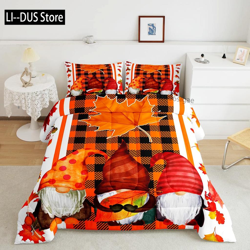 Autumn Pumpkin Duvet Cover Full Size 3 Pcs Watercolor Orange Maple Leaves Bedding Set For Kids Teens Adults With 2 Pillowcases