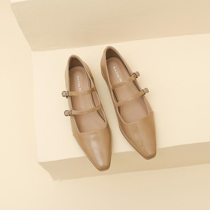 

771-3 retro British style small leather shoes pointed Mary Jane shoes women s new French one-word buckle strap flat shoes 35 хаки