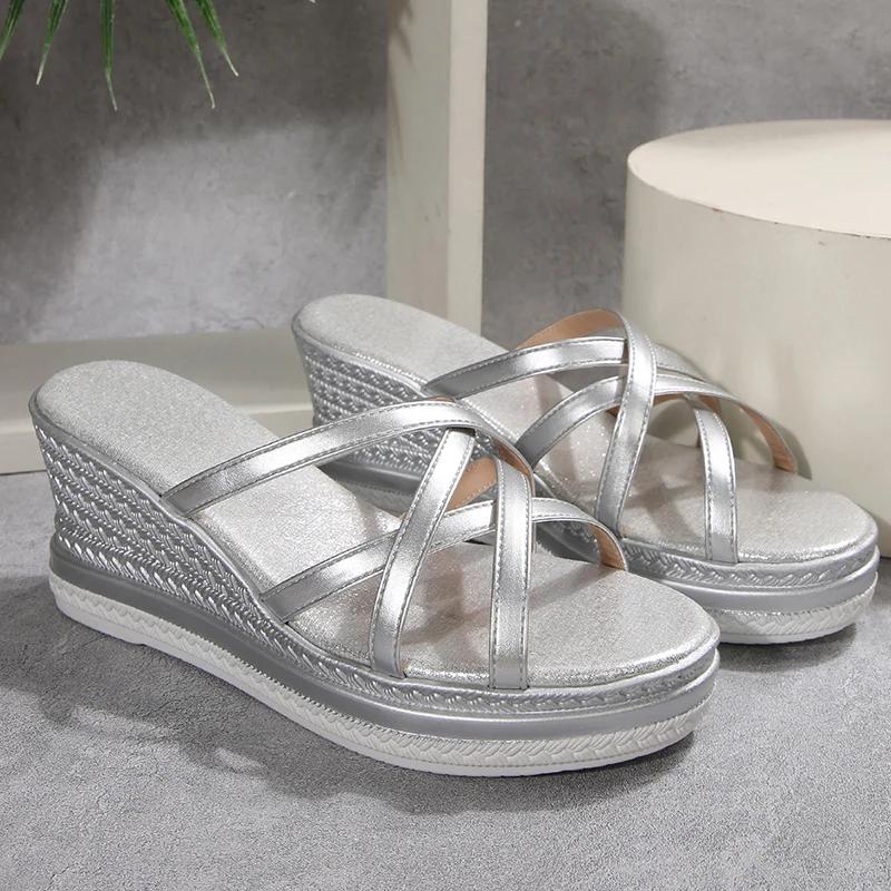 Fashion Cross Strap Wedge Heel Sandals for Women Summer 2025 Silver Chunky Platform Slippers Woman Anti Slip Thick Sole Slides Plus Size