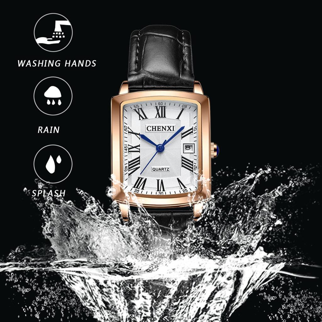 Women's Leather Strap Watch with Roman Alphabet, Analog Display, Calendar, 3ATM Water Resistance, Square Design, Popular Antique Style, Black,