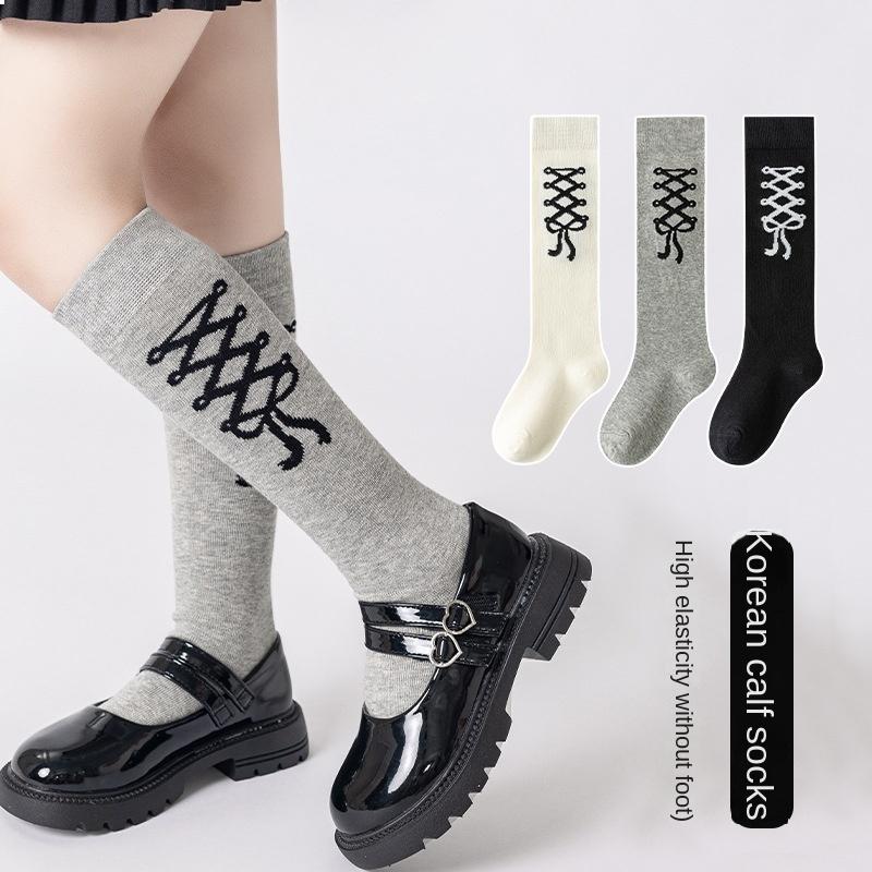 3pairs Girls' Knee-high Slouch Socks Black White Gray Bow Spring Stackable Tights For Kids 3-12Y Children Casual School Sockens