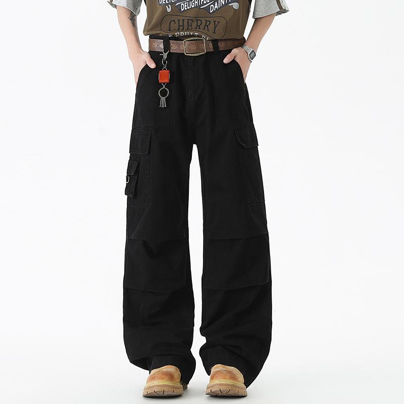 New American retro multi-pocket denim overalls men's trend loose straight