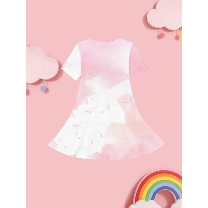 Girls' 3D Printed Rose Flower Dress with Large Hem & Short Sleeves - Breathable Princess