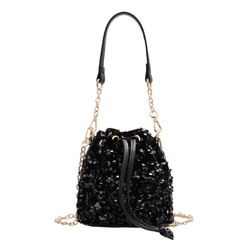 Damen Kordelzug Beuteltasche Tragetasche Schultertasche Clutch Tasche Wende Pailletten Kette Umhängetasche Urlaubsgeschenke
