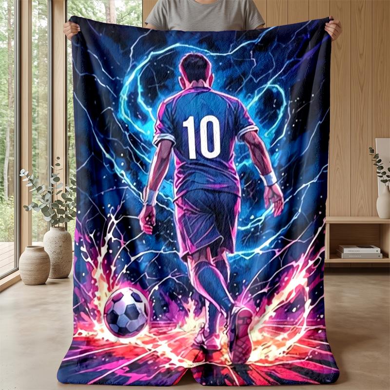 Soccer Player with Lightning Theme Blanket Lightweight Warm Flannel Blanket Decorative Throw Blanket for Home Decoration