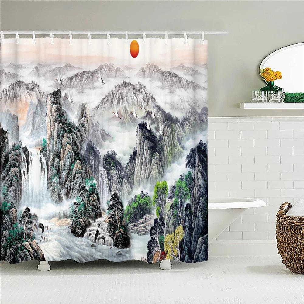 Duschvorhang im japanischen Stil 3D-Tuschemalerei Badezimmervorhang Wasserdicht mit Haken 180*240CM Duschvorhang Polyestergewebe