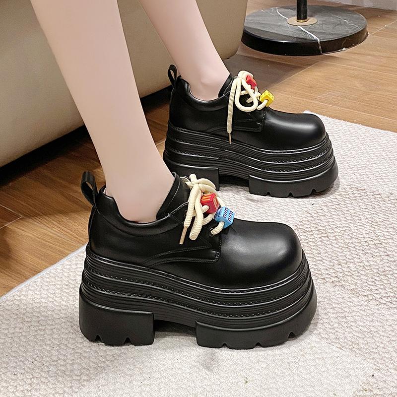 Fashion 10CM New Spring Women Platform Casual Shoes Loafers Lace-up Chunky Sneakers High Heels Thick Bottoms Cute Kawaii Leather Shoes