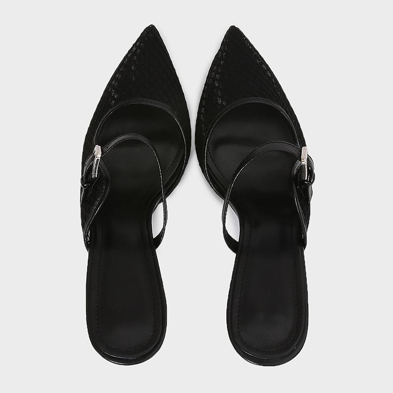 Fashion pointed toe air-mesh high heels slippers women sexy lace thin heel party shoes ankle belt lace mules shoees woman flip flops