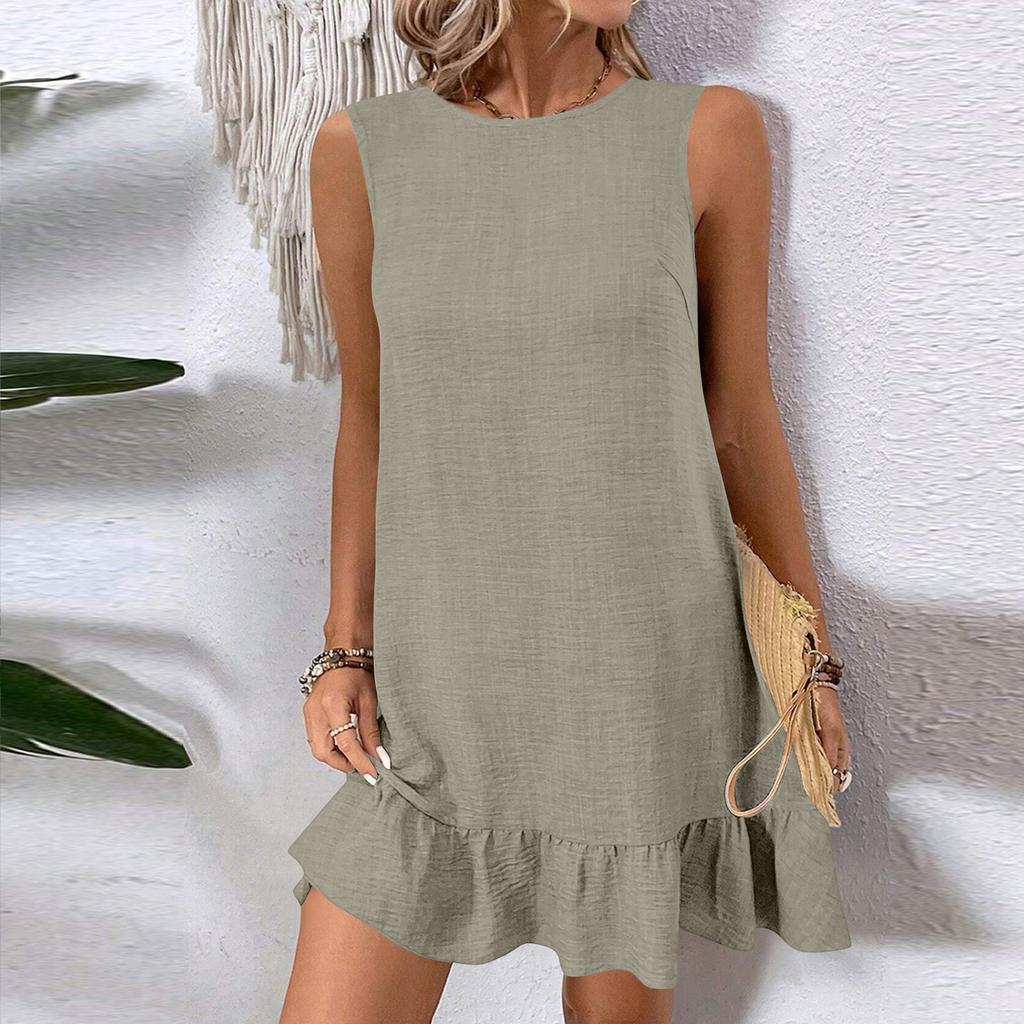 Women's Fashionable Color Round Neck Ruffle Edge Sleeveless Casual Dress