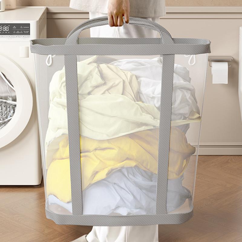 Large Capacity Nylon Mesh Laundry Basket with Handle Breathable Folding Portable Dirty Clothes Organizer Bags Toys Storage Bag