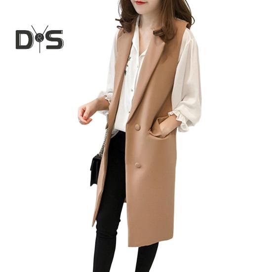 Høst Vår Dame Vest Nedrekket Krage Dobbeltspent Løs Ermeløse Knelengde Lommer Cardigan Ensfarget Daglig slitasje Vest Frakk