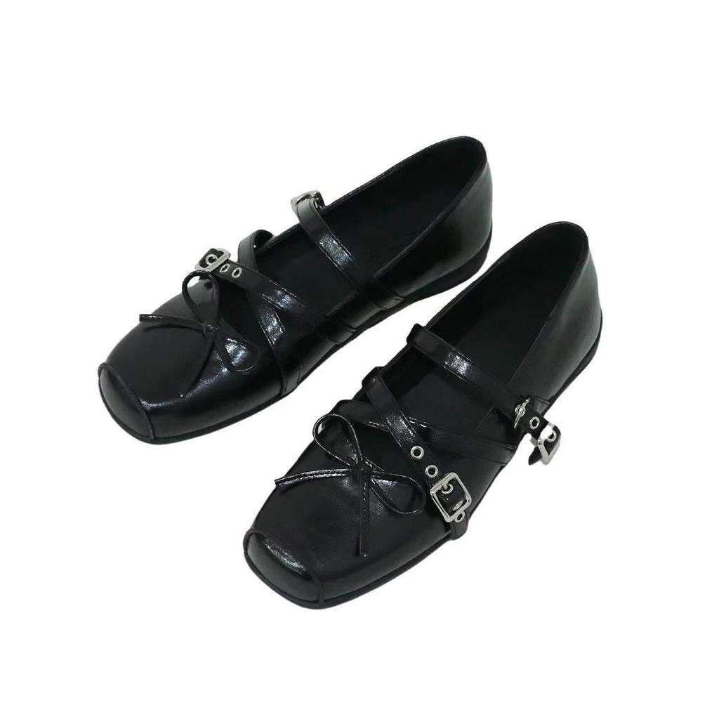 Fashion Women's Flat Shoes Summer New Square Head Shallow Mouth Butterfly Knot Rivet Metal Buckle Soft Sole Low Top Shoes