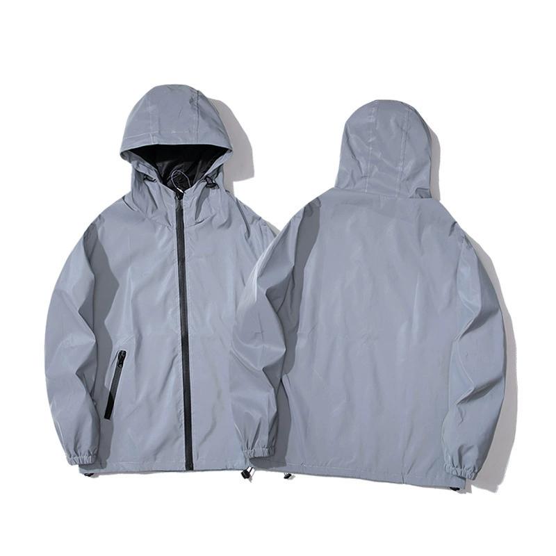 Men's Spring Plus Size Reflective Hooded Jacket Solid Color Long Sleeve Zipper Pocket Sport Coat