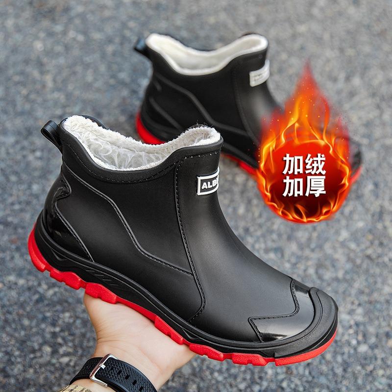 Winter warm and velvet men's rain shoes 39-48 extra large size black water shoes mountain men's rubber shoes fishing men's waterproof boots