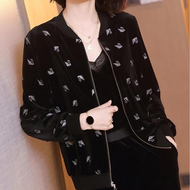 Leisure Golden Velvet Coat Women's Spring Autumn Loose Zipper Jacket Fashion Large Size Baseball Outwear Jacket 5XL