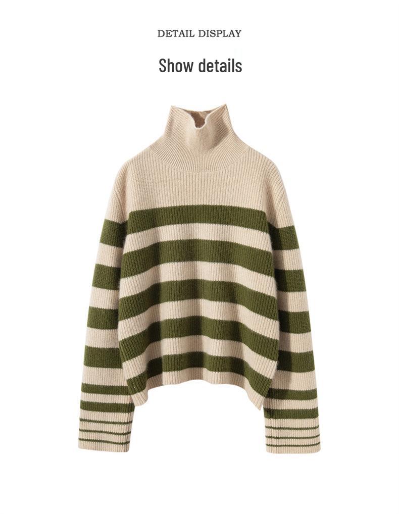 Women's Cashmere High-Neck Striped Sweater, Loose Fit, Autumn/Winter Casual Knitwear