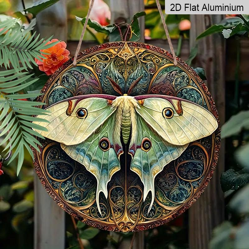 2D Flat, 1pc Round Aluminum Vintage Luna Moth Metal Sign with Intricate Wing Design, Ornate Art Nouveau Wall Plaque, Waterproof Rustproof Decor