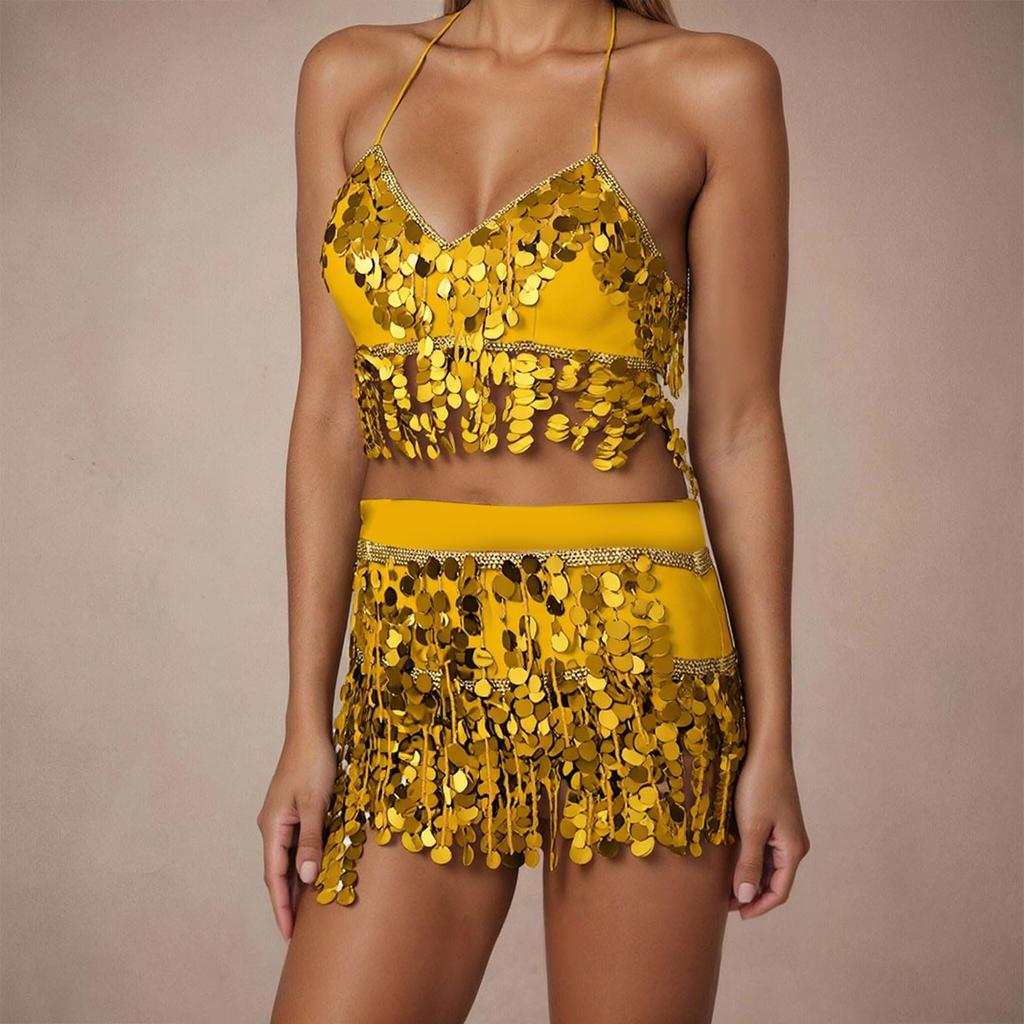 2 Deler, BH med paljettdusker, Topp med frynser, Magedansskjørt, Karneval, Klubb, Kostymer