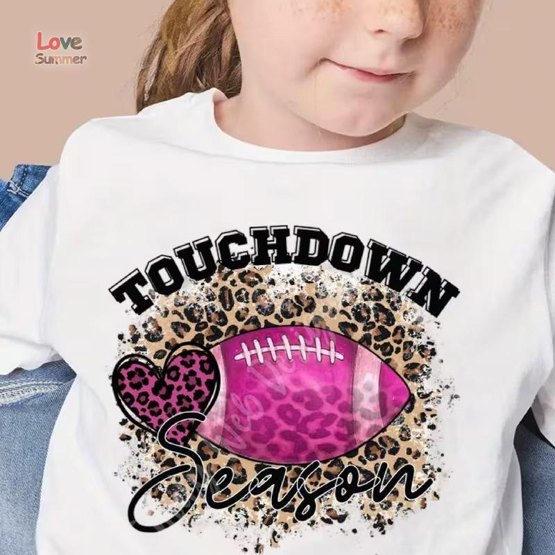 TOUCHDOWN SEASON Football Graphic Print Tee Girls Casual Short Sleeve T-shirt For Spring Summer For Everyday Activities