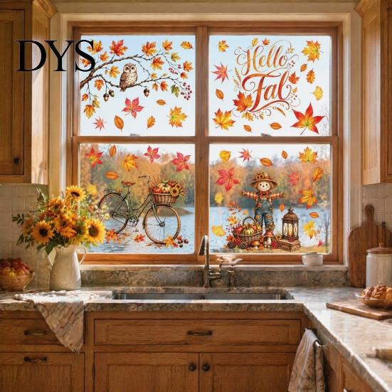 Decorative Glass Clings 6 Sheets Autumn Harvest Static Window Stickers, Maple Leaves Scarecrows Bicycle Owl Thanksgiving Home Decor Decals,
