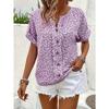 Summer Printed Women's T-shirt Elegant Floral Buttons Short Sleeve Loose Casual T-shirts Women Fashion Vintage Office Ladies Pullover Tee Tops New