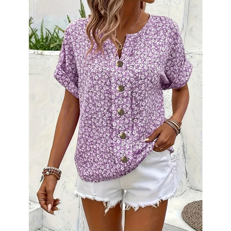 Summer Printed Women's T-shirt Elegant Floral Buttons Short Sleeve Loose Casual T-shirts Women Fashion Vintage Office Ladies Pullover Tee Tops New